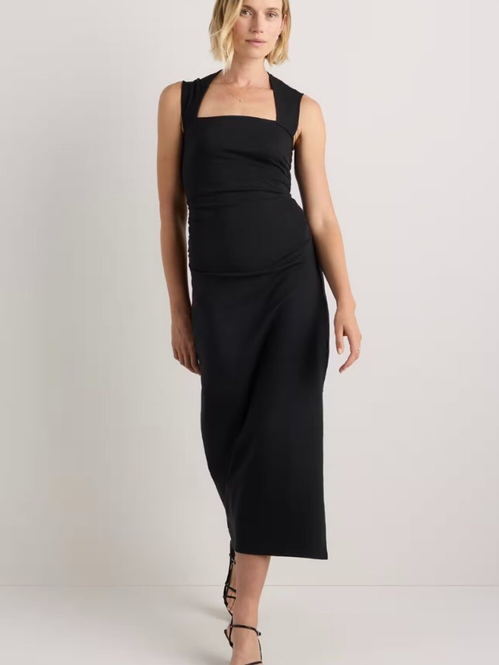Quince Stretch Cotton Jersey Square Neck Ruched Midi Dress Size L NWT